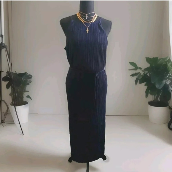 Satin Slinky Midi Dress sleeveless Navy blue M Workwear Wedding Guest Office - Picture 1 of 15